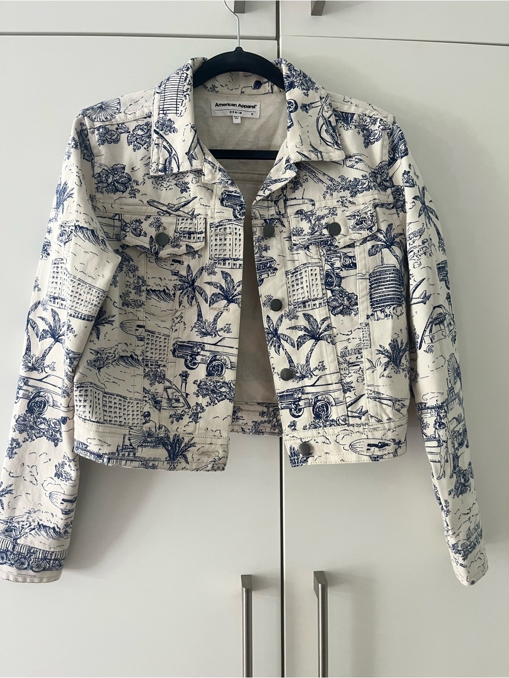 American Apparel Cream Jean Jacket with Navy Scenic Print